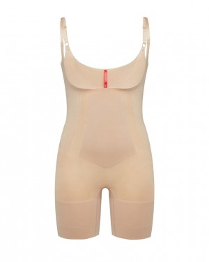 Beige Spanx OnCore Open-Bust Mid-Thigh Bodysuit | NSYMX-2108