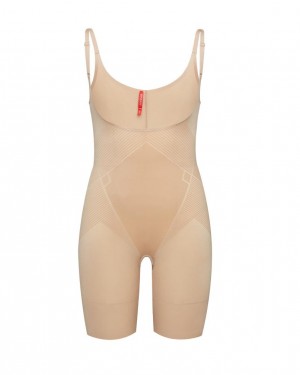 Beige Spanx Thinstincts® 2.0 Open-Bust Mid-Thigh Bodysuit | NZSKA-0498