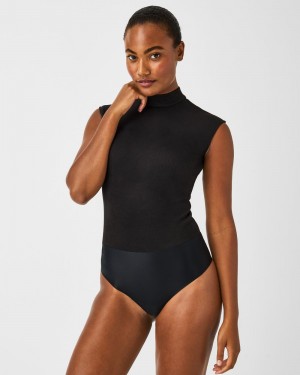 Black Spanx Faux Suede Mock Neck Bodysuit | XUOCA-6798