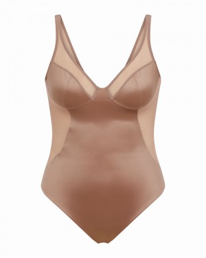 Cafe Au Lait Spanx Shaping Satin Mesh Thong Bodysuit | EFZRX-3182