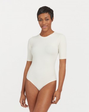 White Spanx Suit Yourself Ribbed Crew Neck Short Sleeve Bodysuit | MAVJP-3129