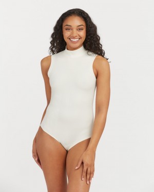 White Spanx Suit Yourself Ribbed Mock Neck Sleeveless Bodysuit | WTPJI-5719