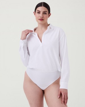 White Spanx The Collared Long Sleeve Bodysuit | EYWAD-3976