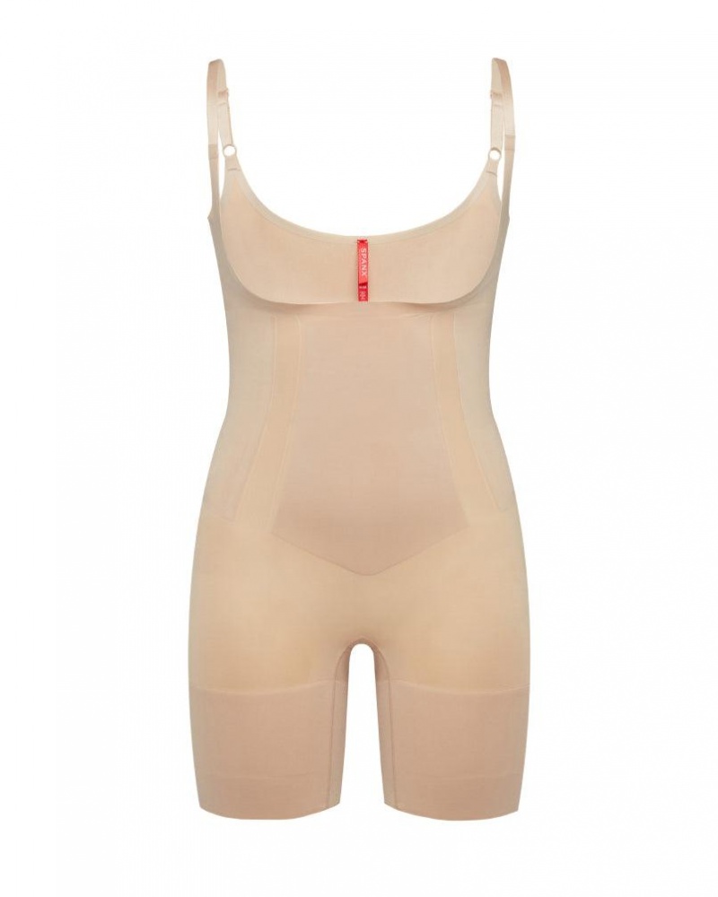 Beige Spanx OnCore Open-Bust Mid-Thigh Bodysuit | NSYMX-2108