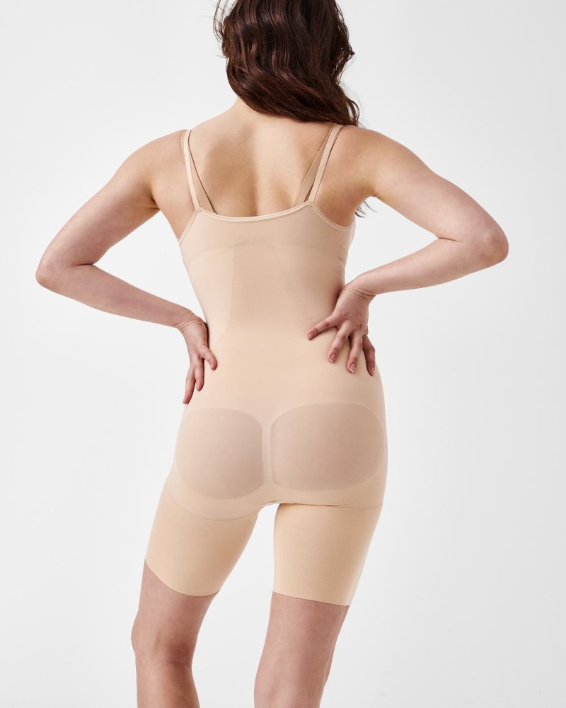 Beige Spanx Power Open-Bust Mid-Thigh Bodysuit | HZXPG-4736