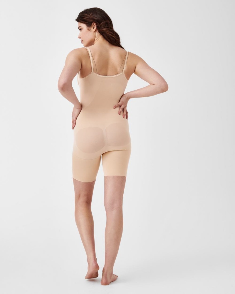 Beige Spanx Power Open-Bust Mid-Thigh Bodysuit | HZXPG-4736