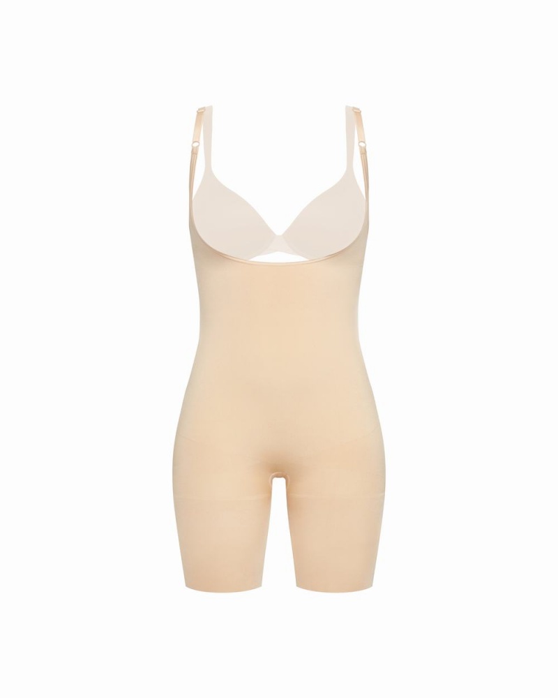 Beige Spanx Power Open-Bust Mid-Thigh Bodysuit | HZXPG-4736