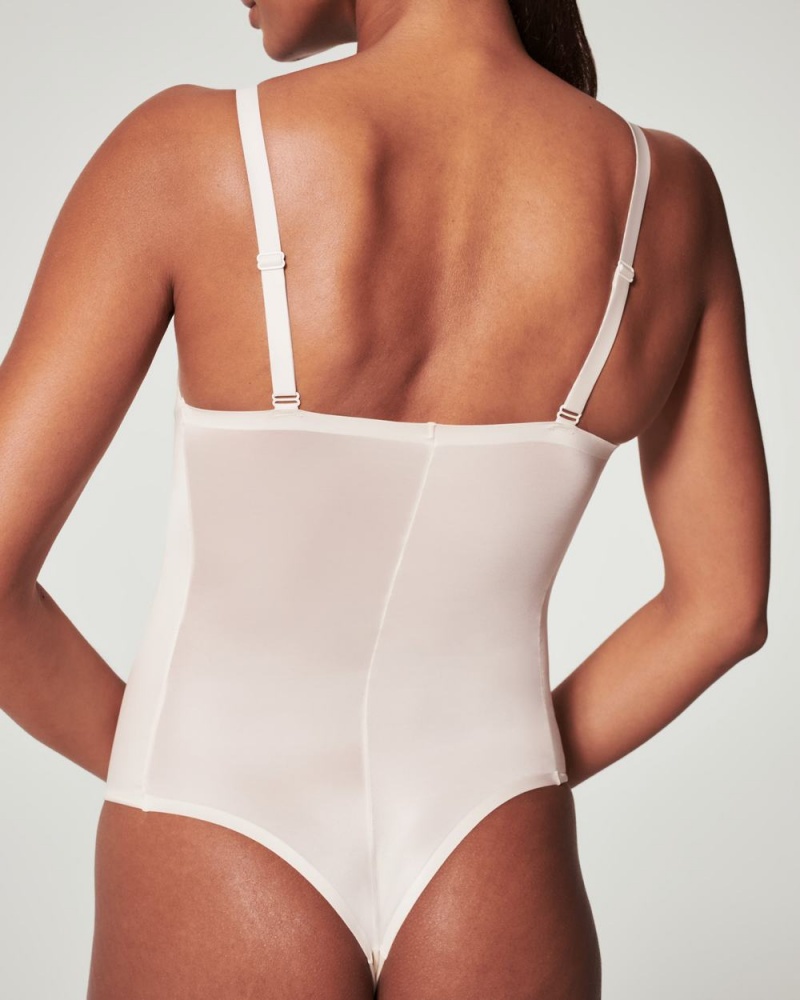 Beige Spanx Shaping Satin Thong Bodysuit | ORDNA-3907