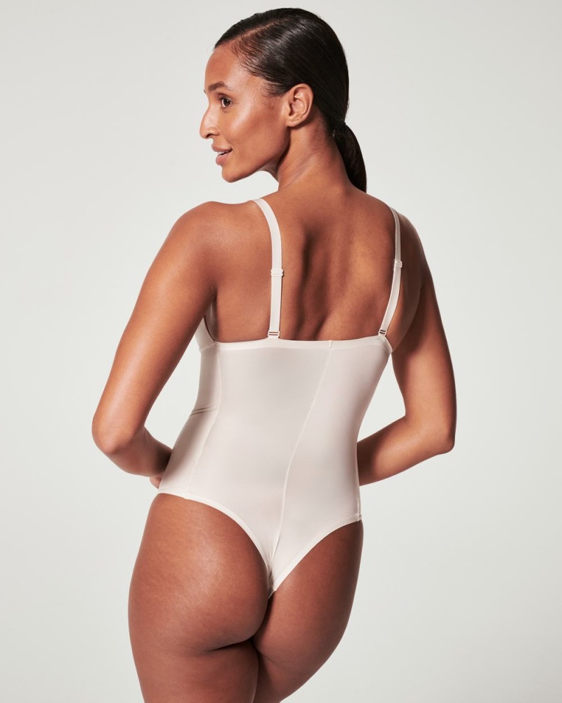 Beige Spanx Shaping Satin Thong Bodysuit | ORDNA-3907