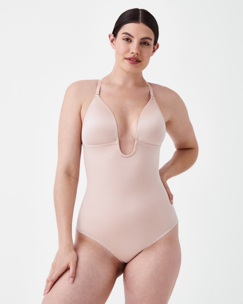 Beige Spanx Suit Your Fancy Plunge Low-Back Thong Bodysuit | KYNDZ-3051