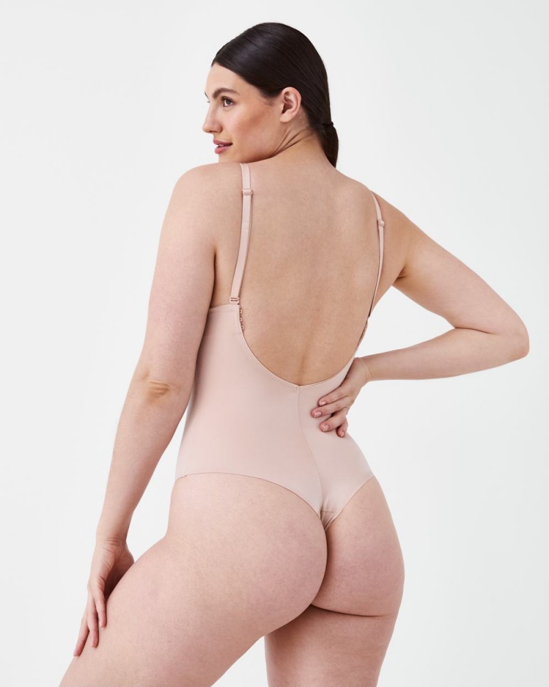 Beige Spanx Suit Your Fancy Plunge Low-Back Thong Bodysuit | KYNDZ-3051