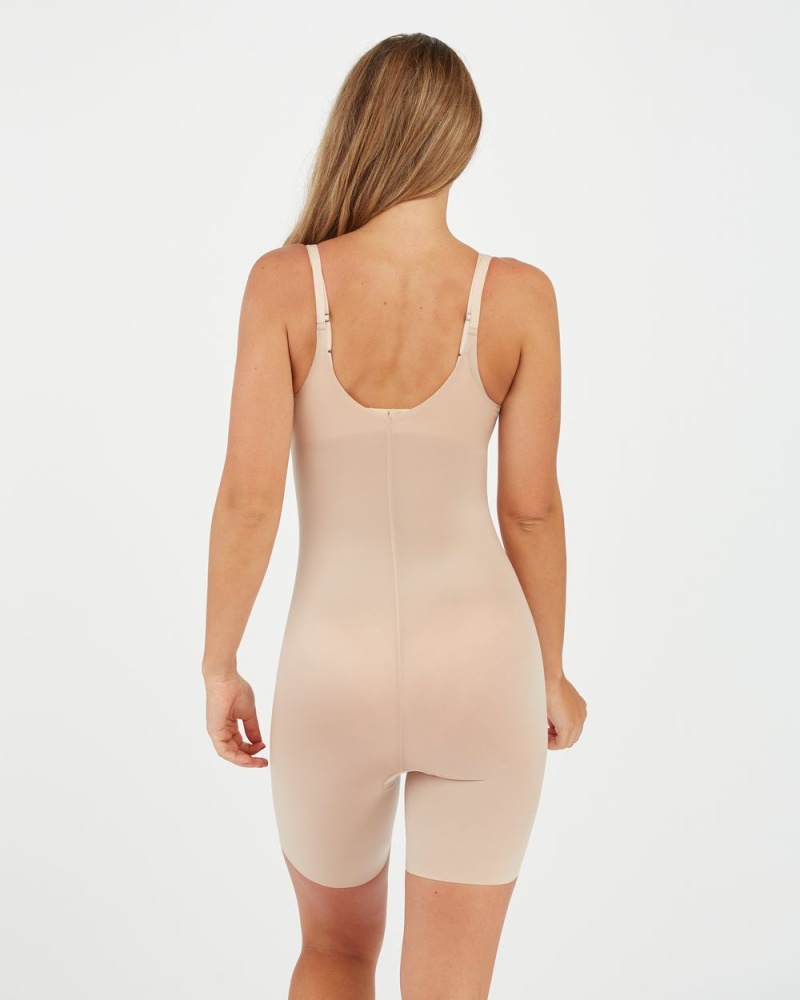 Beige Spanx Thinstincts® 2.0 Open-Bust Mid-Thigh Bodysuit | NZSKA-0498