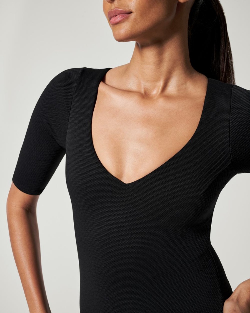 Black Spanx Pique Shaping Plunge Short Sleeve One Piece | GVSHP-5128