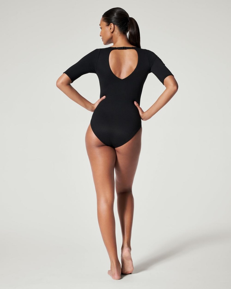 Black Spanx Pique Shaping Plunge Short Sleeve One Piece | GVSHP-5128