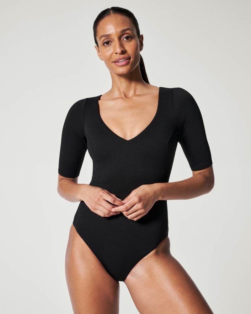 Black Spanx Pique Shaping Plunge Short Sleeve One Piece | GVSHP-5128