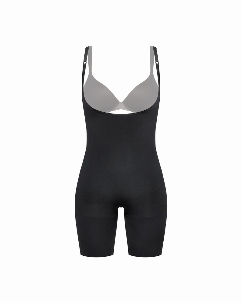 Black Spanx Power Open-Bust Mid-Thigh Bodysuit | TJKBG-1457