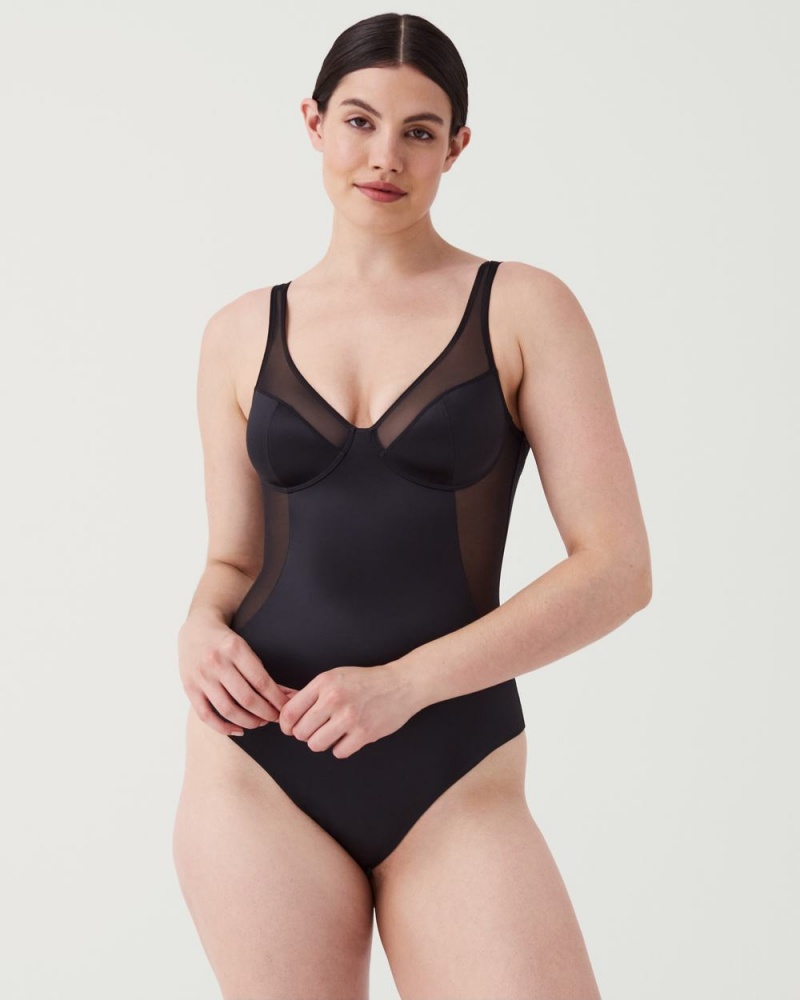 Black Spanx Shaping Satin Mesh Thong Bodysuit | DWKRC-3612