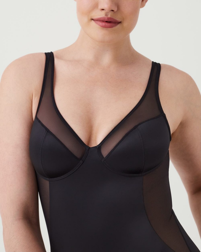 Black Spanx Shaping Satin Mesh Thong Bodysuit | DWKRC-3612