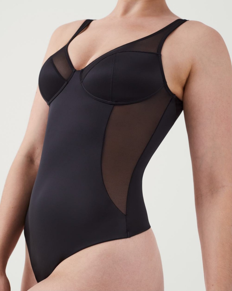 Black Spanx Shaping Satin Mesh Thong Bodysuit | DWKRC-3612