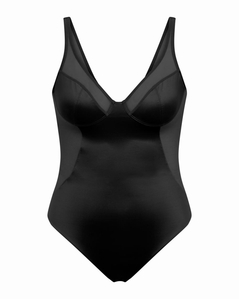 Black Spanx Shaping Satin Mesh Thong Bodysuit | DWKRC-3612