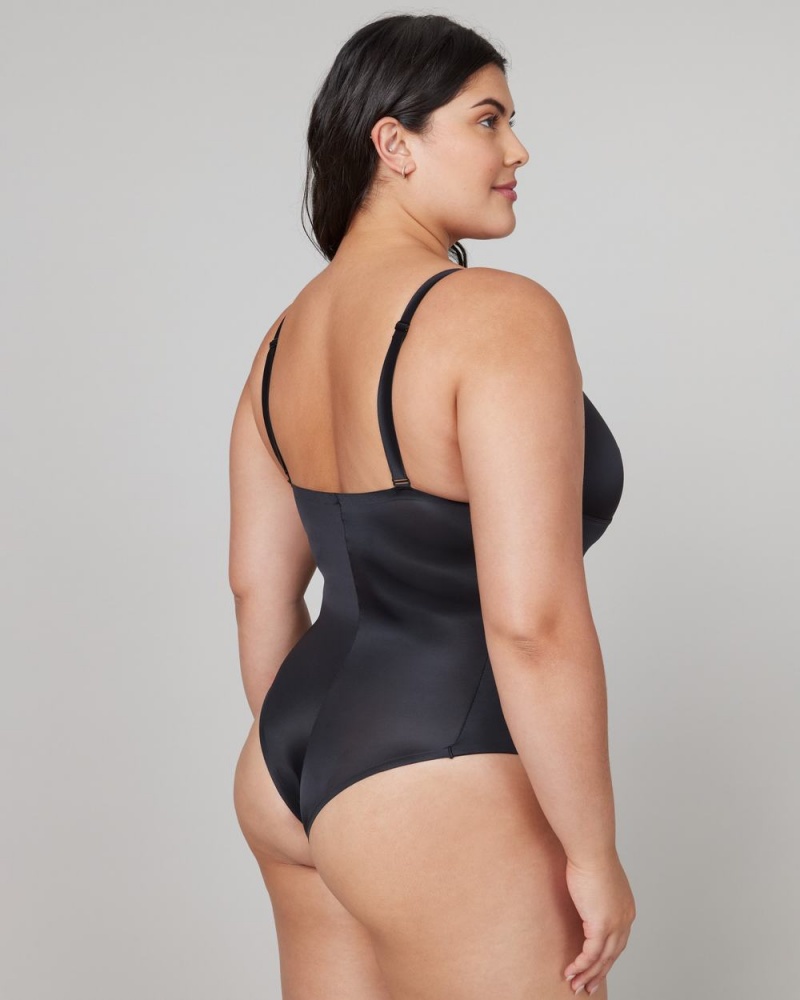 Black Spanx Shaping Satin Thong Bodysuit | FIUXW-0825