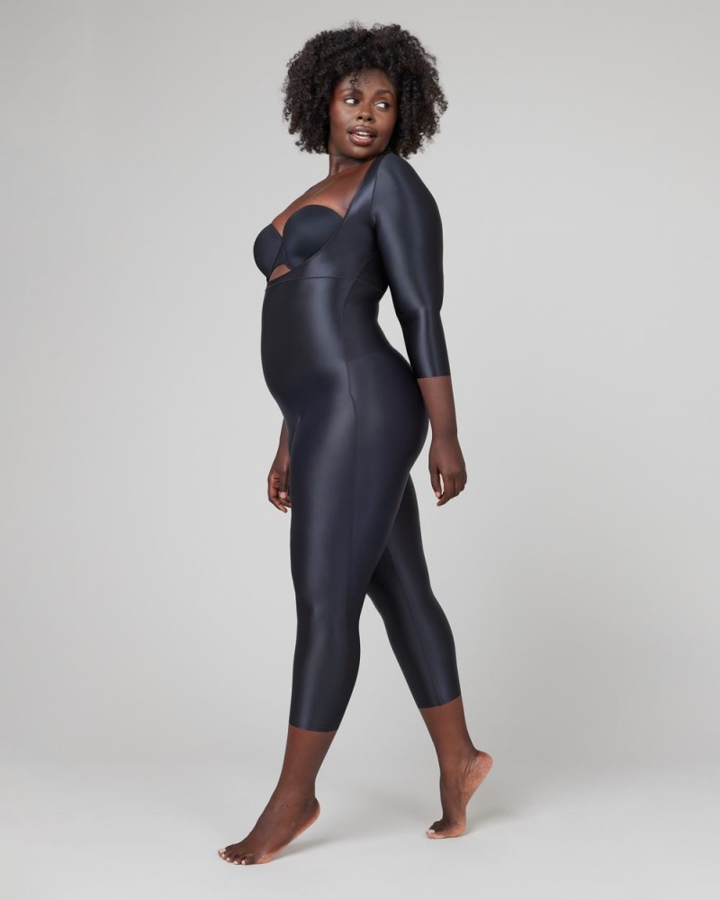 Black Spanx Suit Your Fancy Open-Bust 3/4 Sleeve Catsuit | HRUKW-5819