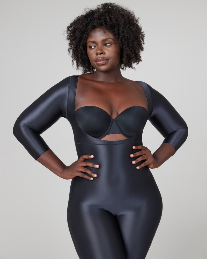 Black Spanx Suit Your Fancy Open-Bust 3/4 Sleeve Catsuit | HRUKW-5819