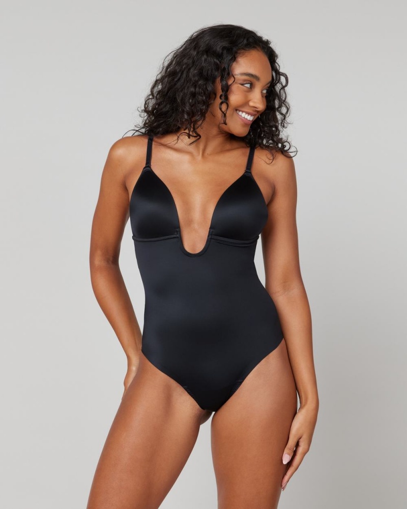 Black Spanx Suit Your Fancy Plunge Low-Back Thong Bodysuit | QBGUW-0679