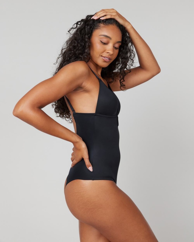 Black Spanx Suit Your Fancy Plunge Low-Back Thong Bodysuit | QBGUW-0679