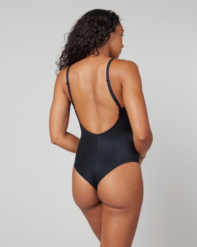 Black Spanx Suit Your Fancy Plunge Low-Back Thong Bodysuit | QBGUW-0679