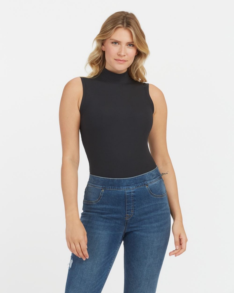 Black Spanx Suit Yourself Ribbed Mock Neck Sleeveless Bodysuit | RZEHU-9367