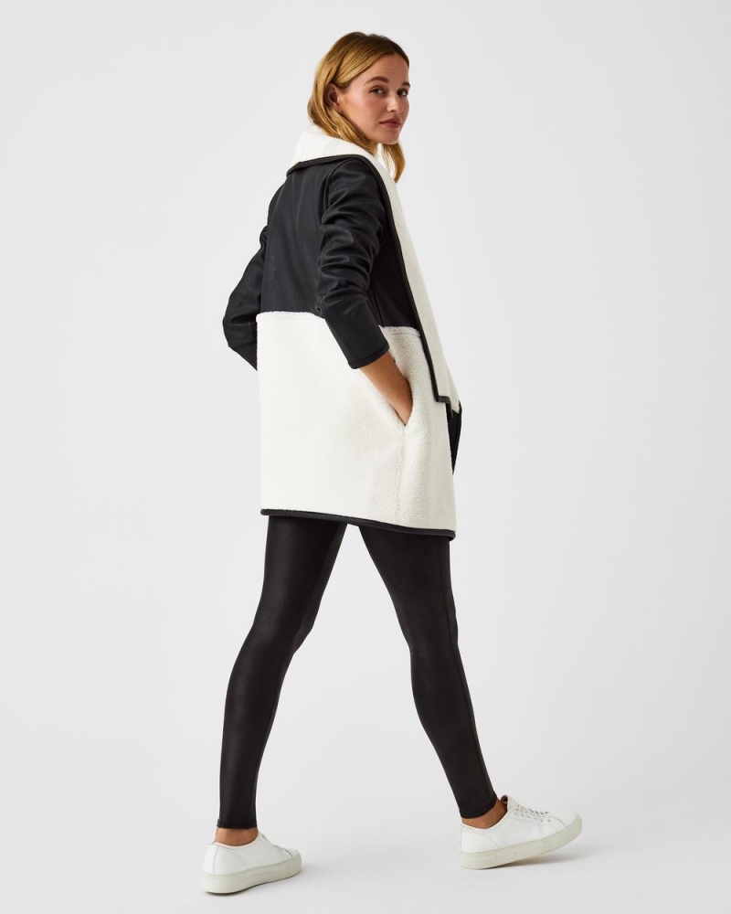 Black / White Spanx Fleece & Faux Leather Long Wrap Jacket | KTDBU-8603