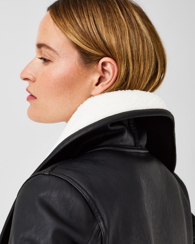 Black / White Spanx Fleece & Faux Leather Long Wrap Jacket | KTDBU-8603