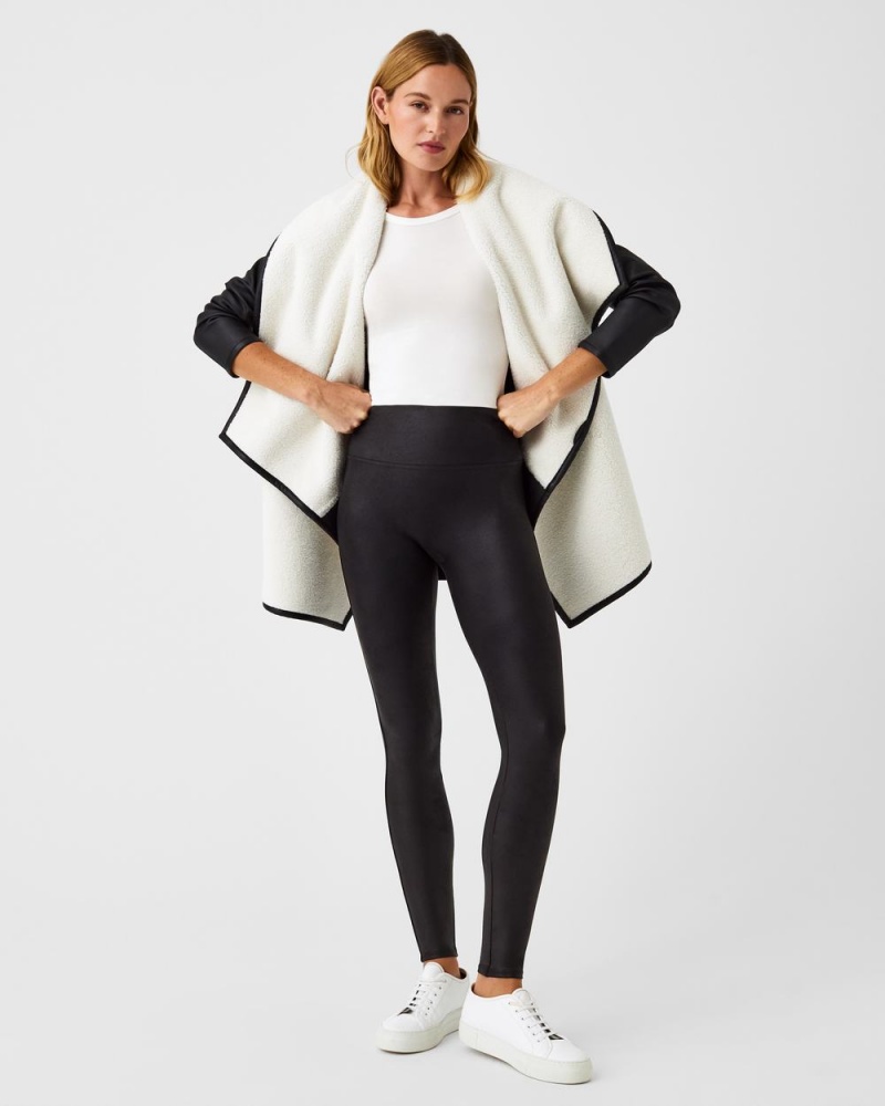 Black / White Spanx Fleece & Faux Leather Long Wrap Jacket | KTDBU-8603