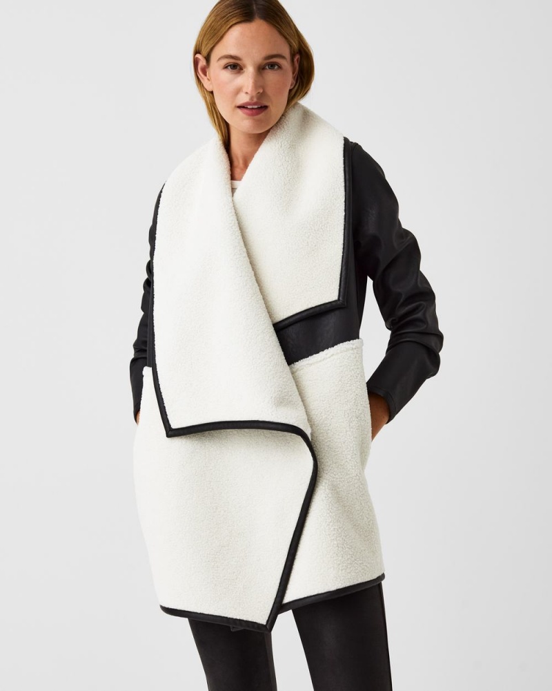 Black / White Spanx Fleece & Faux Leather Long Wrap Jacket | KTDBU-8603