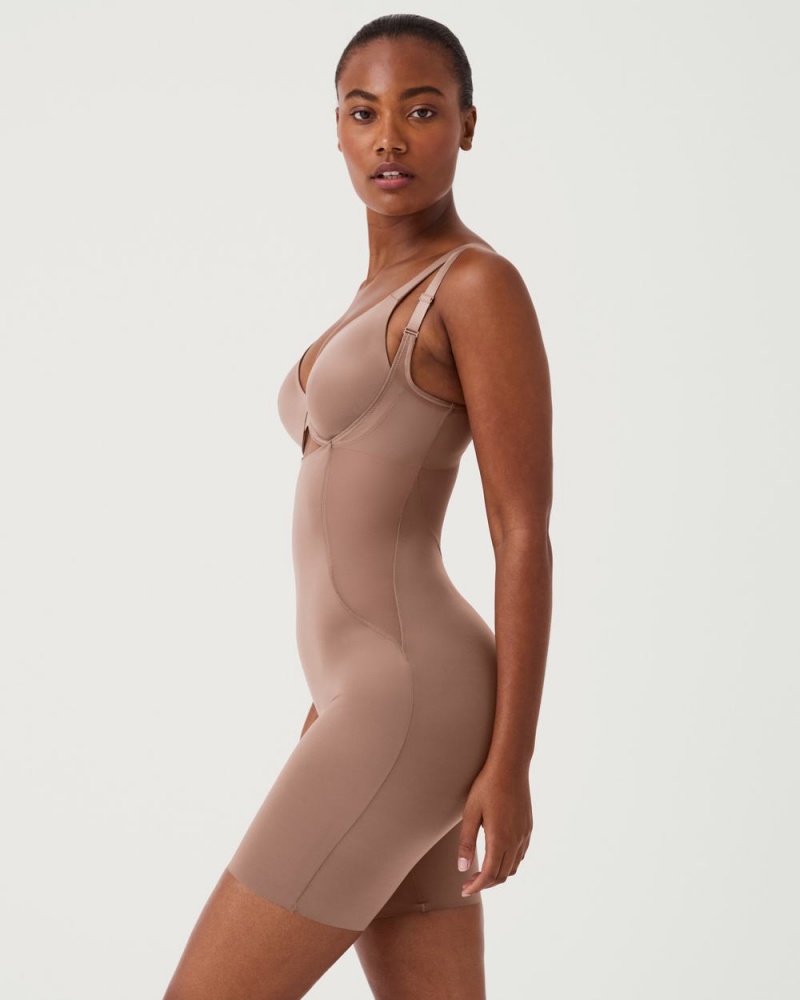 Cafe Au Lait Spanx Shaping Satin Mesh Open-Bust Mid-Thigh Bodysuit | CVJFL-3102