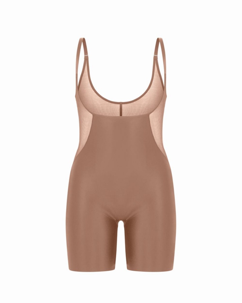 Cafe Au Lait Spanx Shaping Satin Mesh Open-Bust Mid-Thigh Bodysuit | CVJFL-3102