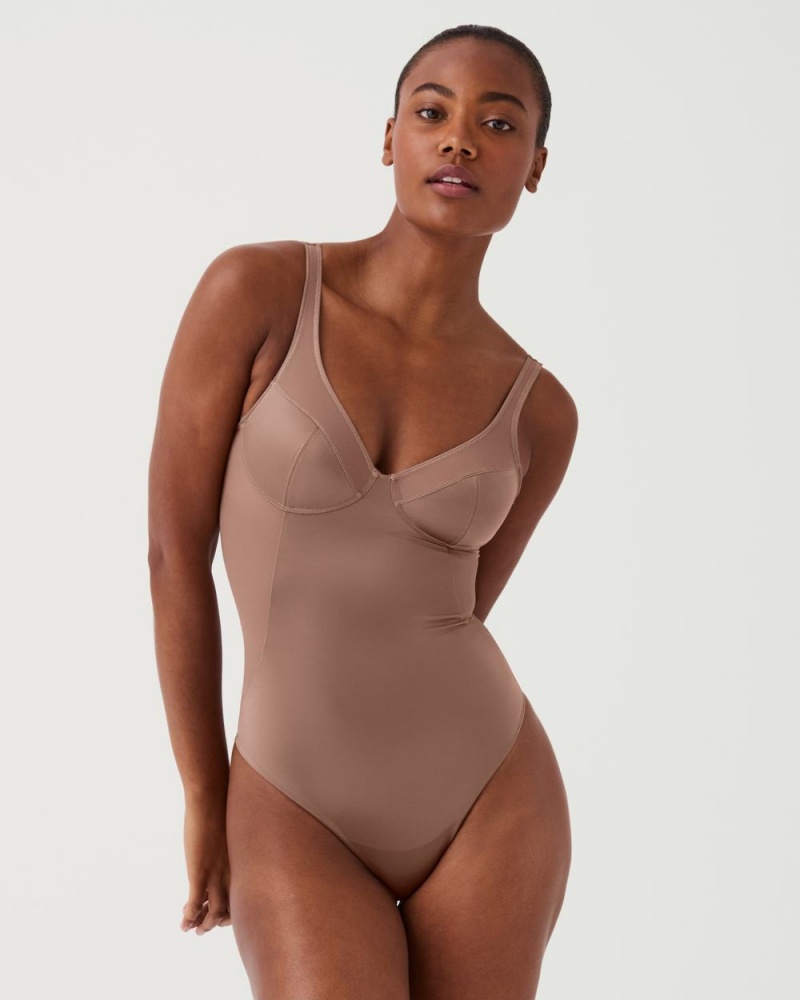 Cafe Au Lait Spanx Shaping Satin Mesh Thong Bodysuit | EFZRX-3182