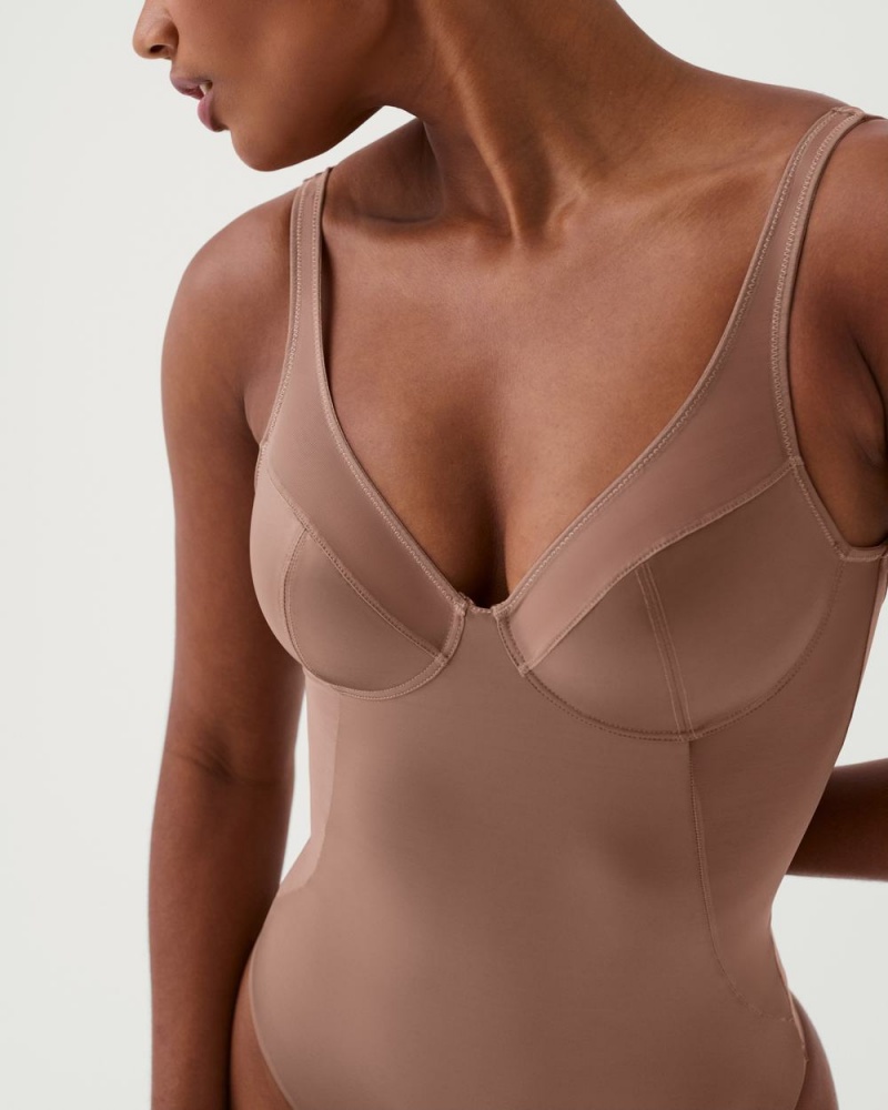 Cafe Au Lait Spanx Shaping Satin Mesh Thong Bodysuit | EFZRX-3182