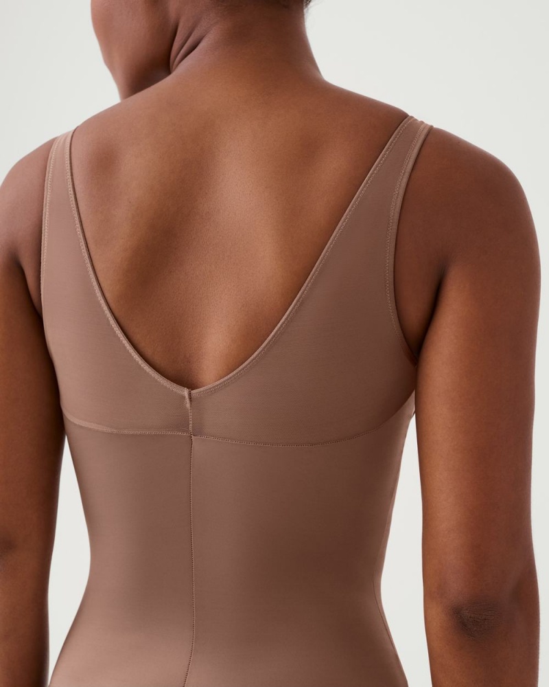 Cafe Au Lait Spanx Shaping Satin Mesh Thong Bodysuit | EFZRX-3182