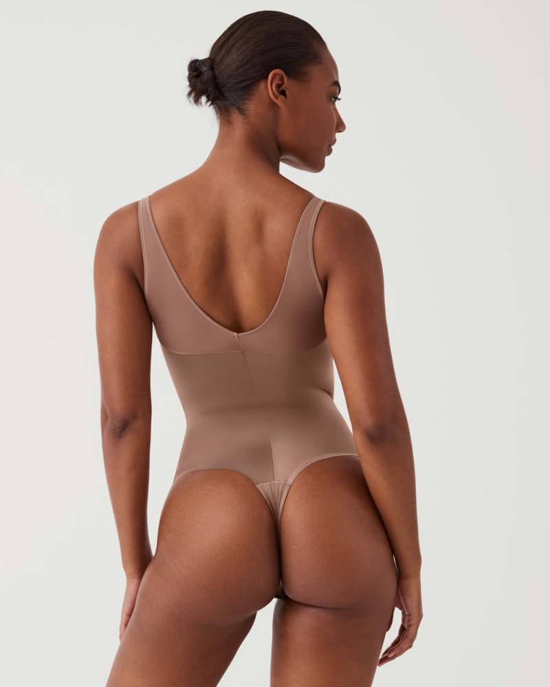 Cafe Au Lait Spanx Shaping Satin Mesh Thong Bodysuit | EFZRX-3182