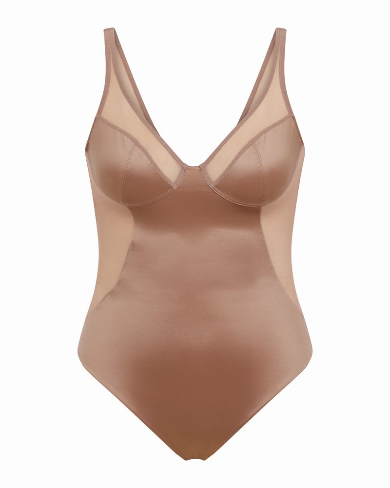 Cafe Au Lait Spanx Shaping Satin Mesh Thong Bodysuit | EFZRX-3182