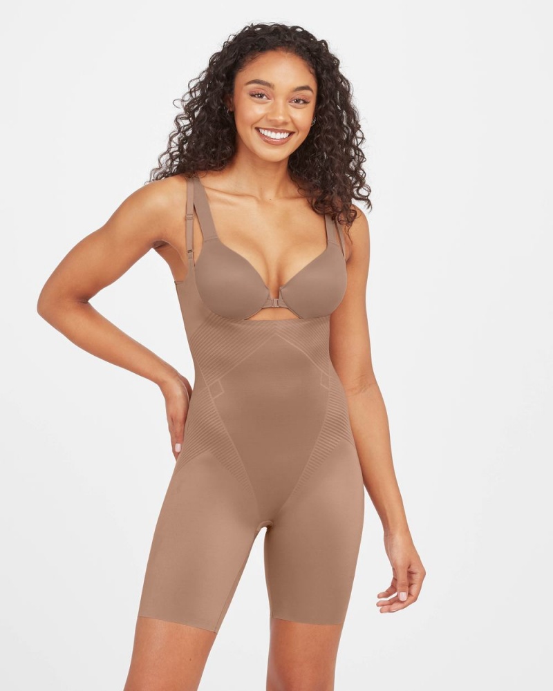 Cafe Au Lait Spanx Thinstincts® 2.0 Open-Bust Mid-Thigh Bodysuit | TNMHV-6935