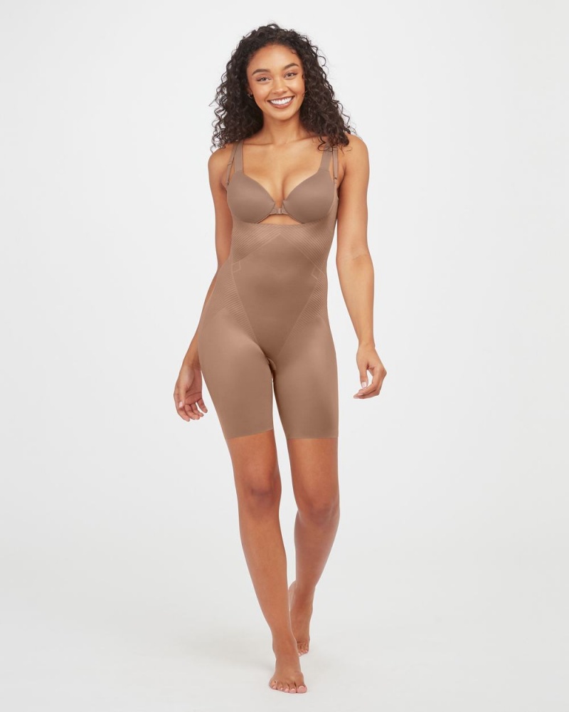 Cafe Au Lait Spanx Thinstincts® 2.0 Open-Bust Mid-Thigh Bodysuit | TNMHV-6935