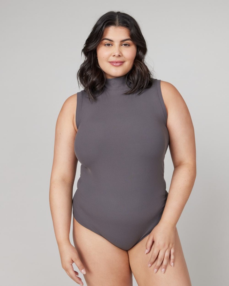 Deep Grey Spanx Suit Yourself Ribbed Mock Neck Sleeveless Bodysuit | DWUBA-5231