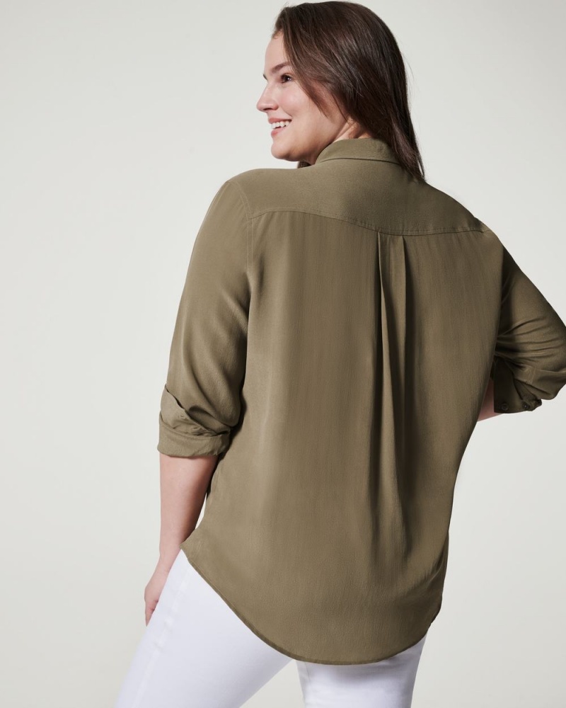 Olive Spanx Low Maintenance Silk Button Down | WENCL-0381