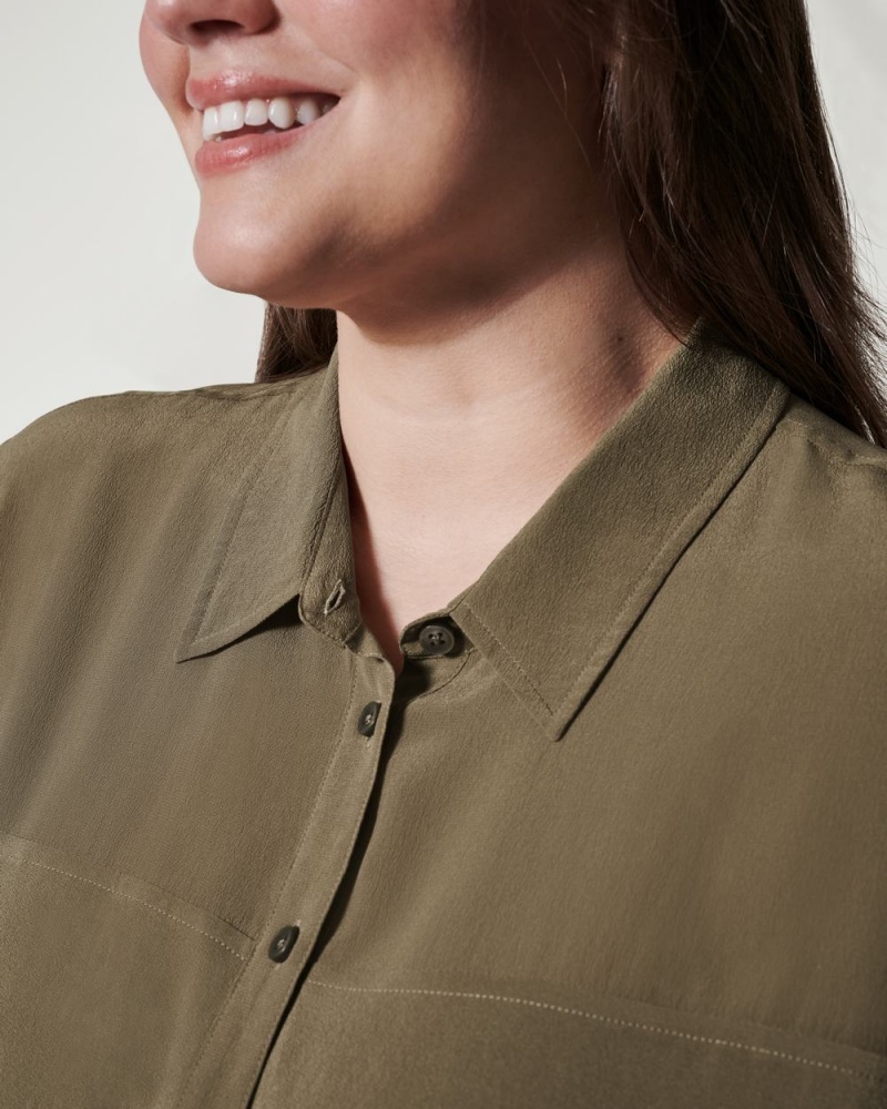 Olive Spanx Low Maintenance Silk Button Down | WENCL-0381