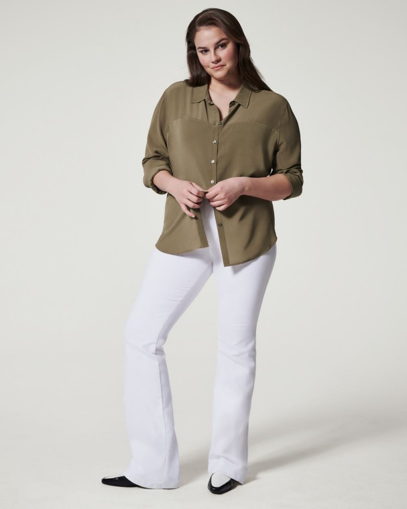 Olive Spanx Low Maintenance Silk Button Down | WENCL-0381