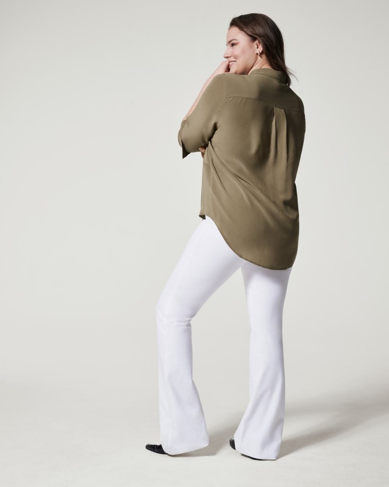 Olive Spanx Low Maintenance Silk Button Down | WENCL-0381