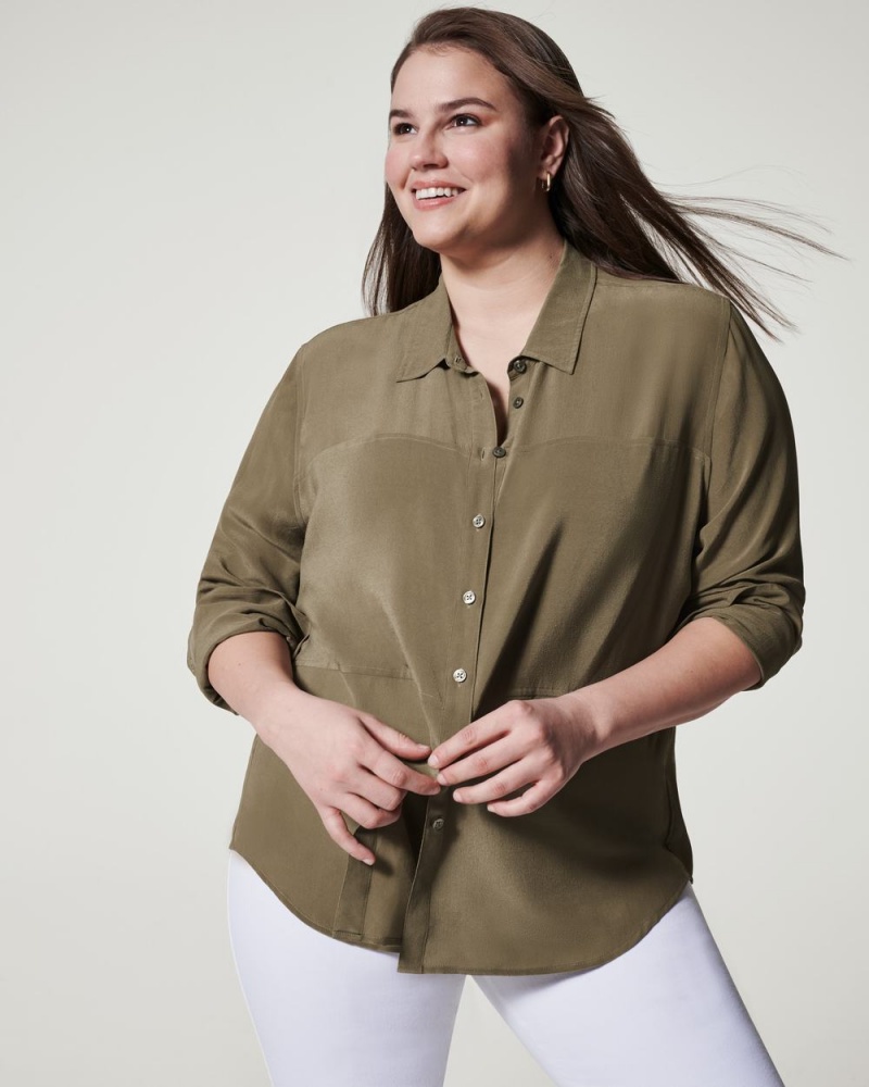 Olive Spanx Low Maintenance Silk Button Down | WENCL-0381